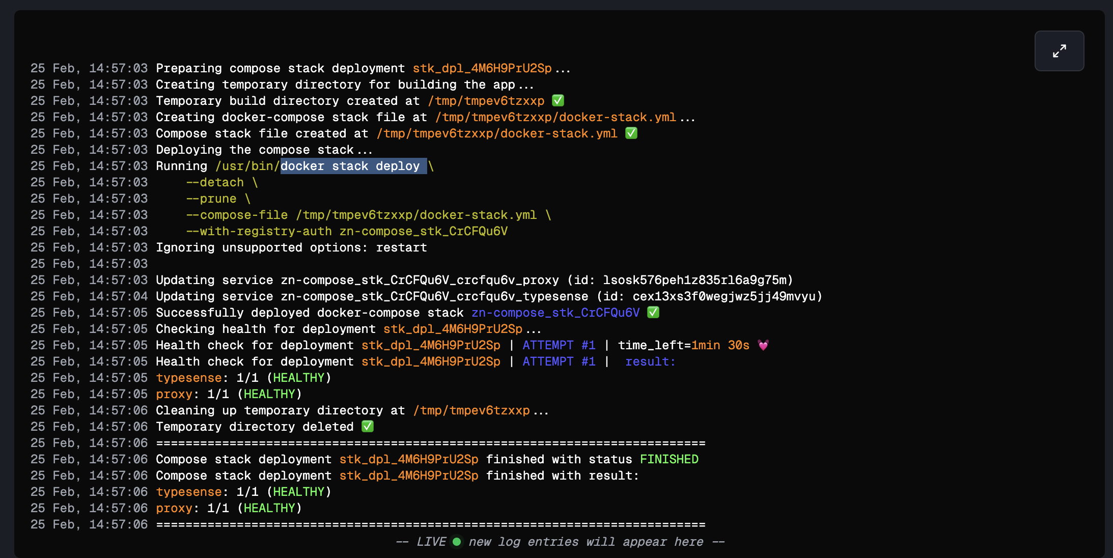 Compose stack deployment logs