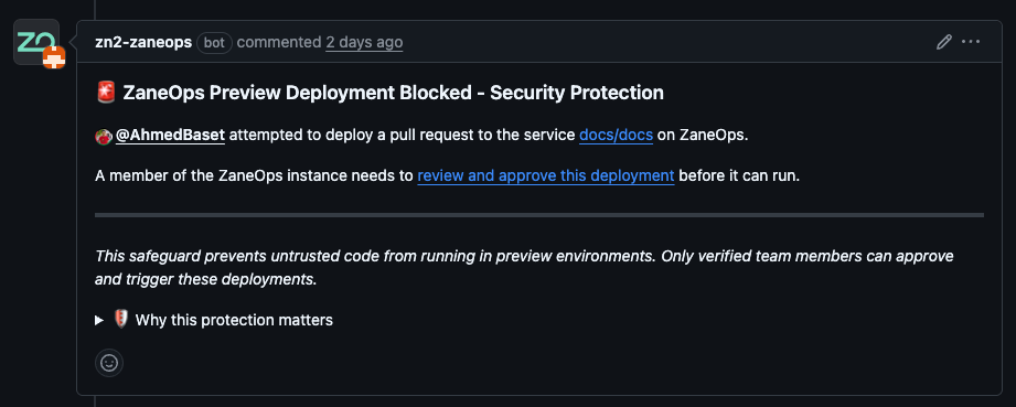 Preview deployment blocked GitHub comment