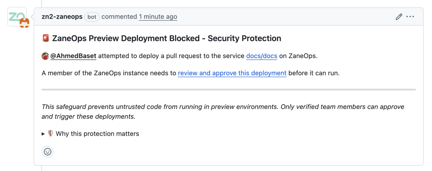 Preview deployment blocked GitHub comment