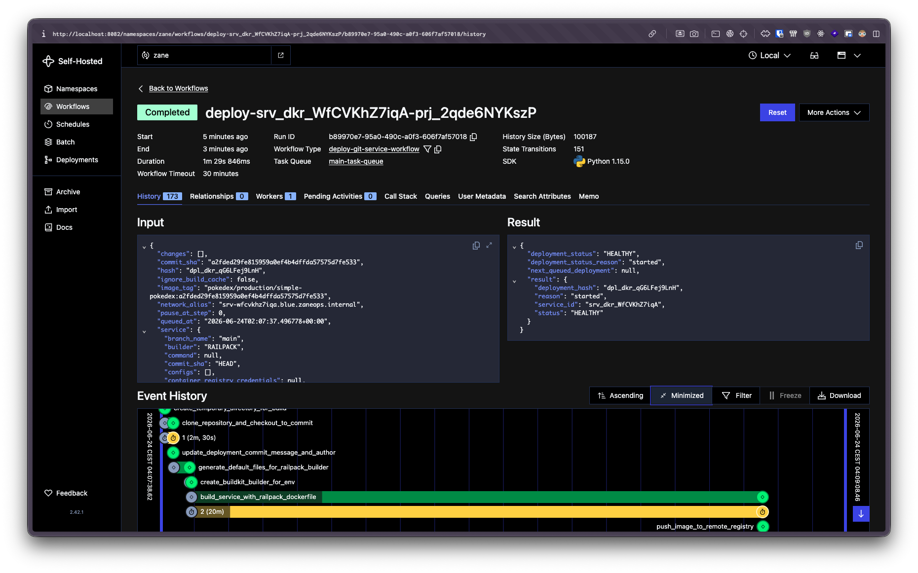 Screenshot of the temporal UI dashboard showing a workflow for a deployment